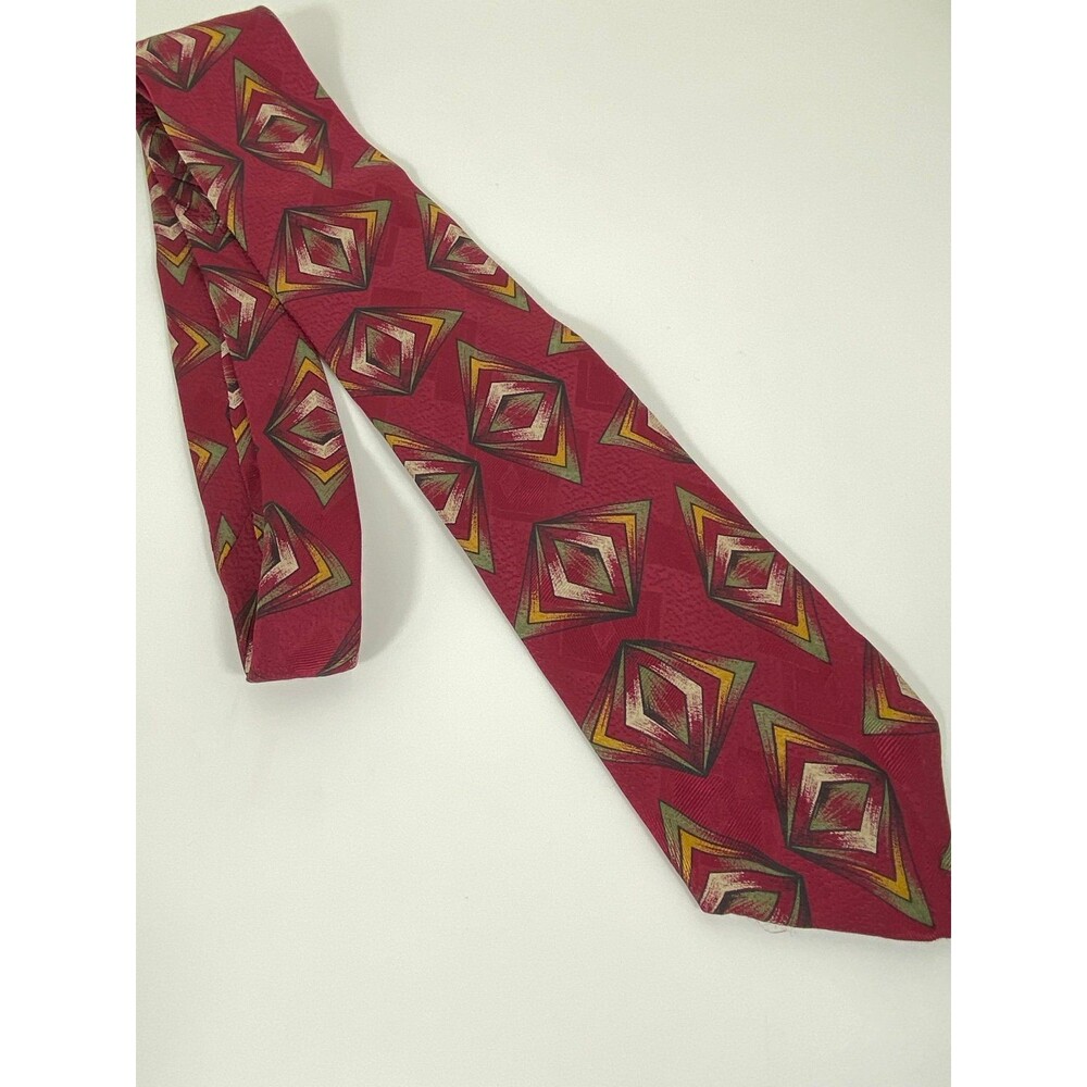 Vintage G.J. Cahn All Silk Geometric Neck Tie Handmade USA Burgundy